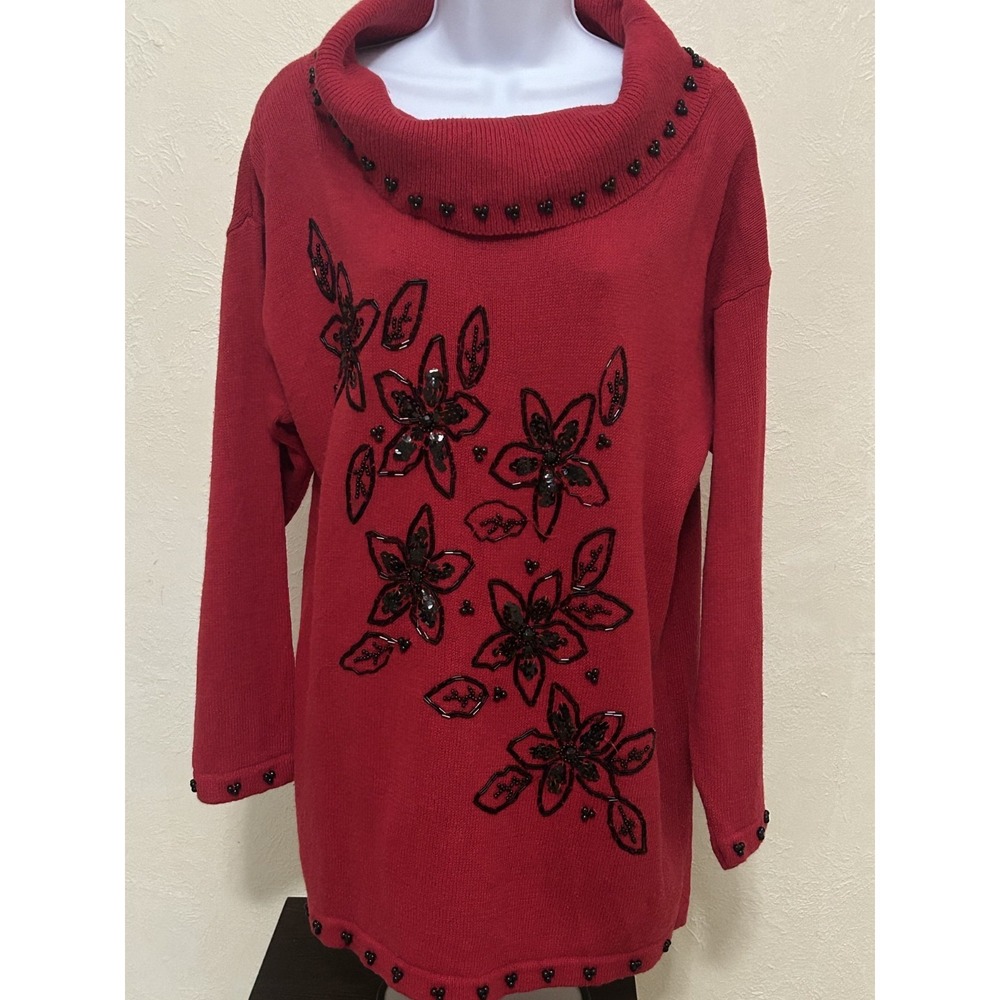 Victoria Jones Christmas Sweater Sz‎ Medium Cowl Neck Red Embroidered Pullover